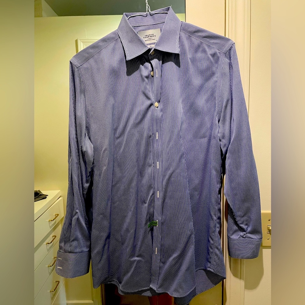 Charles Tyrwhitt navy blue gingham dress shirt - size 15.5, 33 - extra slim fit